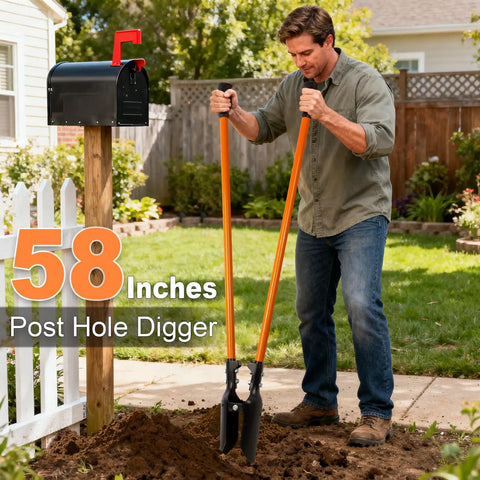 Man using Heavy Duty Post Hole Digger With Fiberglass Handle And Carbon Steel Blades 58 Inch Reach Orange And Black in garden