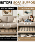 Before and after using Heavy Duty 45 Foot Zig Zag Upholstery Springs For Couches, showing sagging repair results.