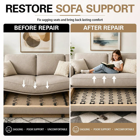 Before and after using Heavy Duty 45 Foot Zig Zag Upholstery Springs For Couches, showing sagging repair results.