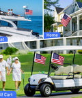 Two Pack 12X18 Golf Cart Flags With American Flag Embroidery And Elastic Strap Bracket displayed on boat, home, and golf cart.