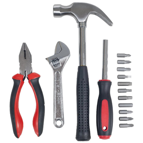 15-Piece Household Tool Kit With Hammer, Multi-Bit Screwdriver, Pliers, Wrench And More Essentials For DIY Projects In A Handy Red Toolbox For Quick Home Repairs And Everyday Fixes