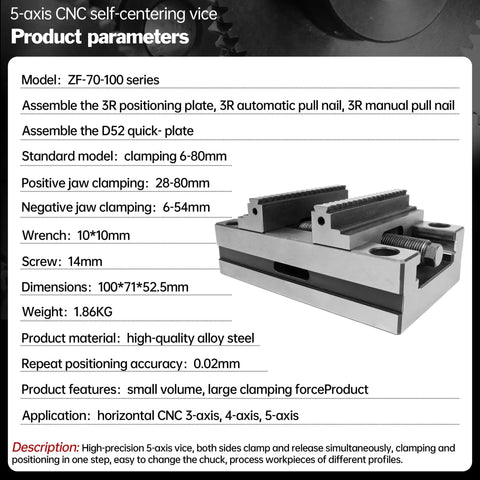 Five Axis CNC Self Centering Vise With Detachable Jaws ZF-70-100 For Precision Milling, 6 To 80mm Clamping Range, Positive Jaw 28-80mm And Reverse Jaw 6-54mm, Compact 100x71x52mm Size, Easy Setup, Beefy Pro Grade Build, alloy steel