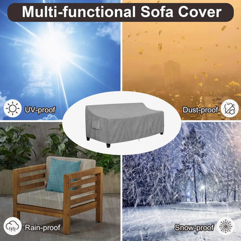 Outdoor Couch Cover For 3-Seater Sofa, Waterproof Patio Furniture Cover With Air Vent And Handles, Fits Up To 78W X 35D X 35H Inches, UV Resistant, Gray shown in four weatherproof scenarios