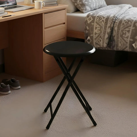 Backless Folding Stool 18 Inch With 225 Lb Capacity, Ultra Slim Indoor Bar Stool next to desk in bedroom