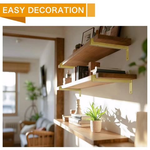 6 Pack Heavy Duty Shelf Brackets With Lip 13 Inch Gold Finish For Solid Shelving, installed under wood wall shelf in living room