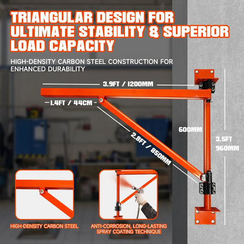 Heavy Duty Wall Mount Jib Crane Hoist Bracket With 660 Pound Load Capacity Support For Electric Scaffolding Lift, features triangular design, high-density carbon steel.