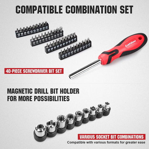 40-piece screwdriver bit set with magnetic drill bit holder part of the 75-Piece Home Tools Kit With Plastic Toolbox Storage Case And Integrated Standing Tool Rack