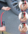 Using a Tire Inflator With Pressure Gauge and 12 Inch Rubber Hose Straight On Air Chuck Quarter Inch NPT Inlet 10 to 160 PSI stainless steel