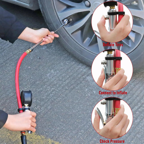 Using a Tire Inflator With Pressure Gauge and 12 Inch Rubber Hose Straight On Air Chuck Quarter Inch NPT Inlet 10 to 160 PSI stainless steel