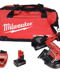 M12 FUEL 12 Volt Cordless Compact Band Saw Kit With 4.0 Ah Battery, Charger And Tool Bag, Built In LED Work Light shown.