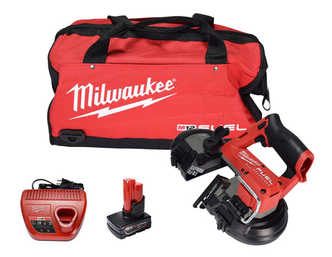 M12 FUEL 12 Volt Cordless Compact Band Saw Kit With 4.0 Ah Battery, Charger And Tool Bag, Built In LED Work Light shown.
