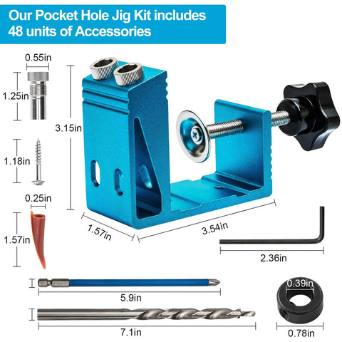 Pro Grade All In One Pocket Hole Jig Kit For Precise Dowel Drill Joinery And Screws In Woodworking Projects, shown with accessories.