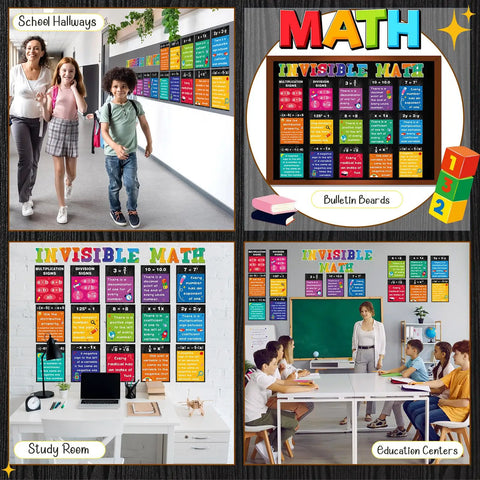 Invisible Math Must-Have Poster Set for Classrooms, 15 Posters and 13 Letter Cutouts displayed in various educational settings