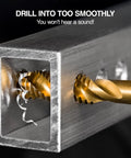 All-In-One Drill Tap Bit Set 6-Piece HSS Titanium-Coated SAE 3-In-1 Bits drilling into metal, close-up view