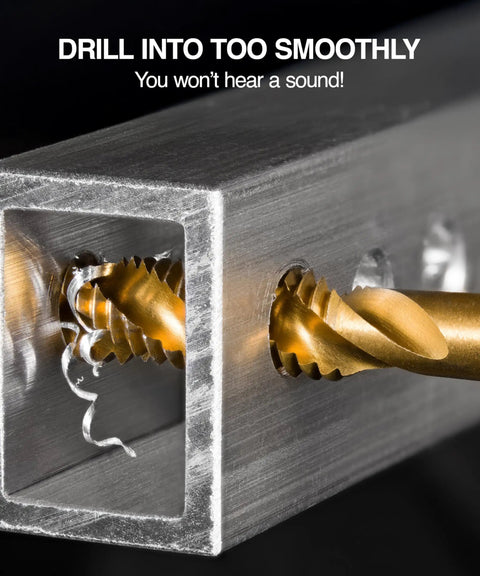 All-In-One Drill Tap Bit Set 6-Piece HSS Titanium-Coated SAE 3-In-1 Bits drilling into metal, close-up view