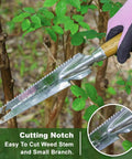 5 In 1 Garden Weed Trowel With Serrated Edges And Measuring Scale Stainless Steel Multi Tool shown cutting branches