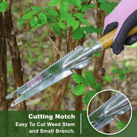 5 In 1 Garden Weed Trowel With Serrated Edges And Measuring Scale Stainless Steel Multi Tool shown cutting branches
