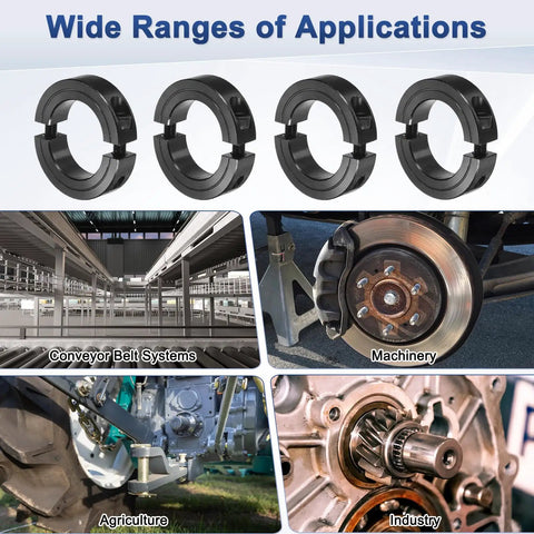 Wide range of applications for 4 Pack Double Split Shaft Collar With Set Screw Black Oxide One And Five Eighths Inch Bore Two And Five Eighths Inch Outer Diameter Eleven Sixteenths Inch Thick Clamp On 1045 Steel For Industrial Machinery Robotics Automotive And DIY Projects; image showing usage examples in conveyor belts, machinery, agriculture, and industry