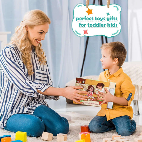14-piece Montessori toy kitchen knife set for kids, woman hands boxed set to a smiling boy in a living room with blocks