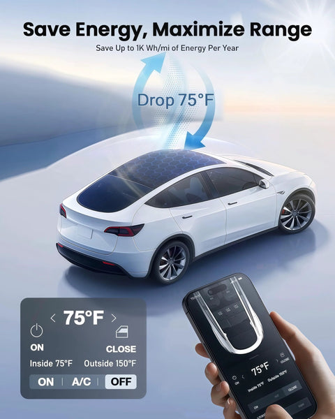 Installed LOWEEY Juniper sunshade roof for Tesla Model Y; UPF200+, foldable with storage bag, black