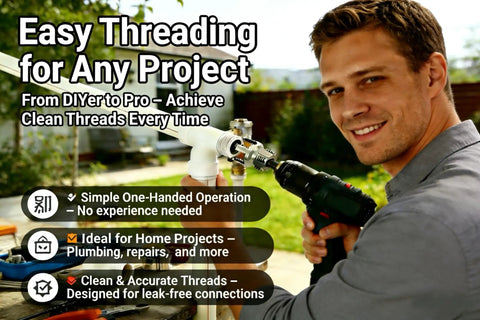 Person using All In One PVC Pipe Threader Kit With Internal And External Dies For One Half And Three Quarter Inch Pipes Electric Drill Compatible Rethread Head For Easy Home Plumbing Repairs For DIY Pros And Leak Free Threads On PVC PPR And MPP Pipes.