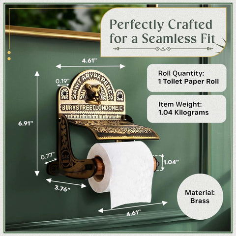 Antique Brass Wall Mount Toilet Paper Holder With Lid 6.9 Inch Wide Victorian Style Rust Resistant Solid Brass Bathroom Sanitary Paper Roll Holder Storage mounted on wall.