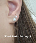 Dope Pearl Gold Stud Earrings Set For Women And Men 14K Gold Plated 316L Stainless Steel Hypoallergenic Ball Studs With Sizes 3mm 4mm 5mm 6mm 7mm 8mm And 10mm, pearl stacked earrings worn on ear