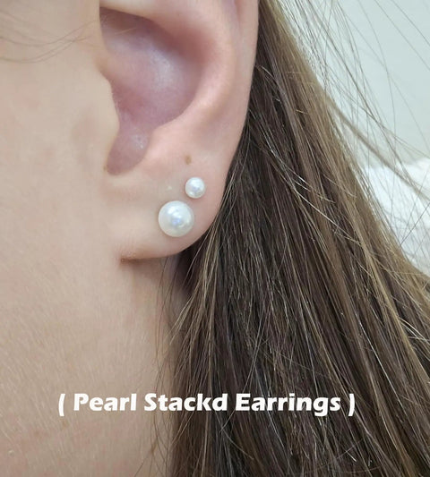 Dope Pearl Gold Stud Earrings Set For Women And Men 14K Gold Plated 316L Stainless Steel Hypoallergenic Ball Studs With Sizes 3mm 4mm 5mm 6mm 7mm 8mm And 10mm, pearl stacked earrings worn on ear