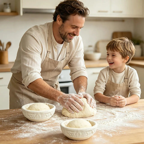 Father and son using Six Pack 5.1 Inch Round Banneton Bread Proofing Baskets with Linen Liners for Sourdough French Bread in kitchen