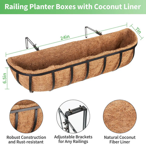 Diagram of a two pack 24 inch railing planter boxes with coconut liners, showing dimensions and rust-resistant metal frame.