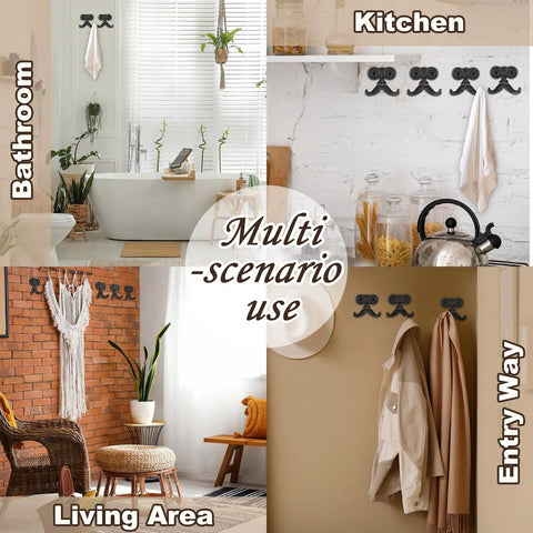 Heckin Durable Four Piece Cast Iron Beard Wall Hooks For Old School Farmhouse Charm And Dang Tough Rustic Decor Hanging Rack For Coats Scarves Towels Keys With Mounting Hardware Included displayed in bathroom, kitchen, living area, and entry way.