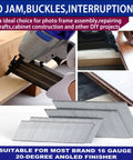 Pro Grade 16 Gauge 20 Degree Finish Nails 900 Piece Assortment Kit Chisel Point Coil Nails displayed with a pneumatic tool.
