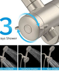 Close-up of spray selector and dual head options on Tub And Shower Faucet Set With Rough In Valve, 2 In 1 Handheld And Rain Shower Head System.