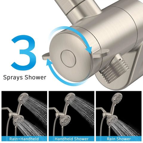 Close-up of spray selector and dual head options on Tub And Shower Faucet Set With Rough In Valve, 2 In 1 Handheld And Rain Shower Head System.