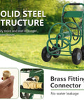 Heavy Duty Garden Hose Reel Cart Holds Up To 300 Feet Of Hose, Tough Four Wheel System With Built In Storage Basket For Lawn And Yard, Easy Roll, Tangle Free Watering, Durable Green with focus on steel structure and brass fitting connector.