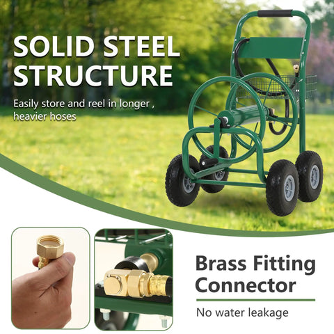 Heavy Duty Garden Hose Reel Cart Holds Up To 300 Feet Of Hose, Tough Four Wheel System With Built In Storage Basket For Lawn And Yard, Easy Roll, Tangle Free Watering, Durable Green with focus on steel structure and brass fitting connector.