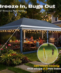 Family enjoying dinner under a 10x20Ft Pop Up Gazebo Canopy Tent One Person Setup Portable Instant Folding Shelter with mesh netting in backyard.
