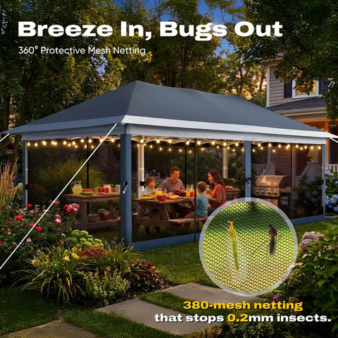 Family enjoying dinner under a 10x20Ft Pop Up Gazebo Canopy Tent One Person Setup Portable Instant Folding Shelter with mesh netting in backyard.