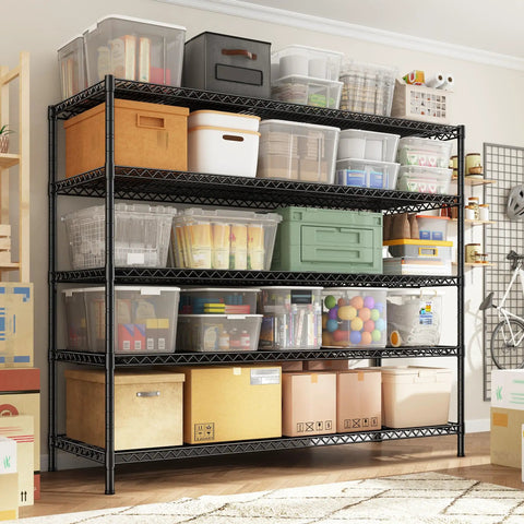 Beefy 5 Tier Wire Storage Shelves With 3200 Lb Capacity, 55.5 Inch Wide Metal Garage Shelving Unit With Adjustable Shelves For Garage, Pantry, Basement, Warehouse, Kitchen, Office Organization, black wire shelves loaded with storage bins