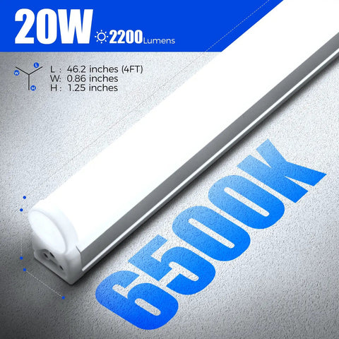 Close-up of T5 4Ft LED Shop Light showing dimensions and details, 6500K 2200 Lumens 20W, linkable utility lights for mounting.