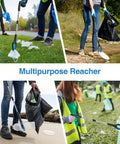 People using foldable reacher grabber set for trash pickup on beach and park areas.