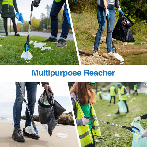 People using foldable reacher grabber set for trash pickup on beach and park areas.
