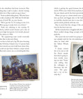Open book spread from Farmyard Spy Caper featuring a tractor's photo and portrait of an executive, highlighting farm tech history.