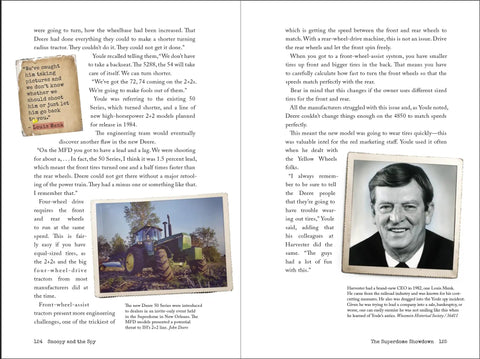 Open book spread from Farmyard Spy Caper featuring a tractor's photo and portrait of an executive, highlighting farm tech history.