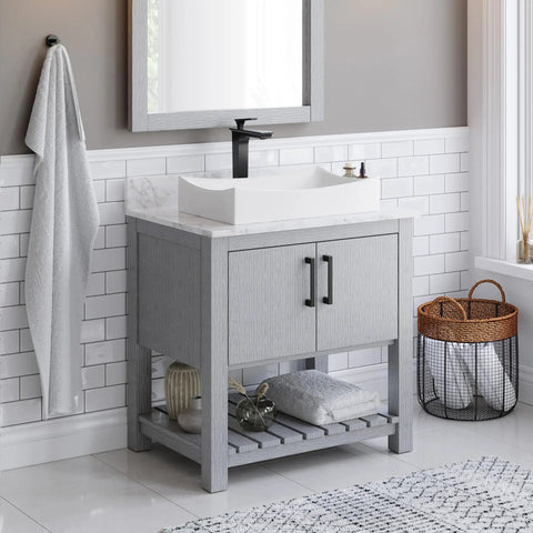 Ceramic Above Counter Rectangular Vessel Sink In Glossy White, 21.75 by 13.75 by 3.5 inches, bathroom installation view
