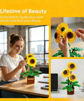 Vibrant Floral Building Set With Vase For Adults Grown Up Friendly Compatible With Lego Flowers 739 Pieces Botanical Home Decor Kit for sunflower build