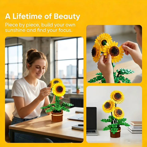 Vibrant Floral Building Set With Vase For Adults Grown Up Friendly Compatible With Lego Flowers 739 Pieces Botanical Home Decor Kit for sunflower build