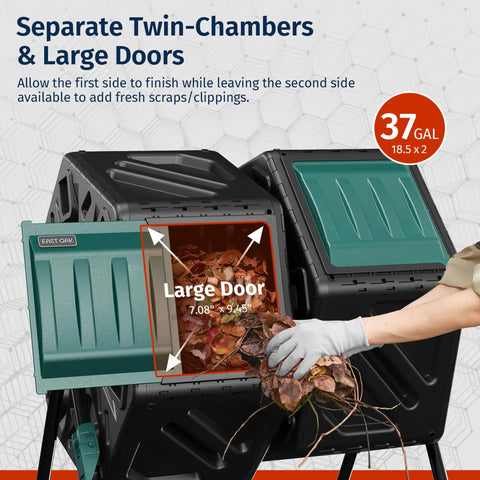 Dual Chamber Outdoor Compost Tumbler Two By Eighteen And A Half Gallon Rotating Bin With Aeration And Locking System visible