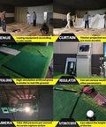 Indoor Golf Simulator Setup For Home And Commercial Use, Four Size Options, Includes HD Impact Screen, Compatible With All Golf Launch Monitors For Realistic Practice And Training, showing setup process with equipment and artificial grass.