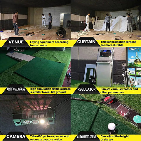 Indoor Golf Simulator Setup For Home And Commercial Use, Four Size Options, Includes HD Impact Screen, Compatible With All Golf Launch Monitors For Realistic Practice And Training, showing setup process with equipment and artificial grass.